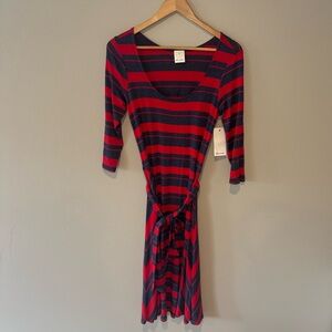 ELLA MOSS Red & Blue Striped Dress w/ 3/4 Sleeves and Tie @ Waist Size Small NWT